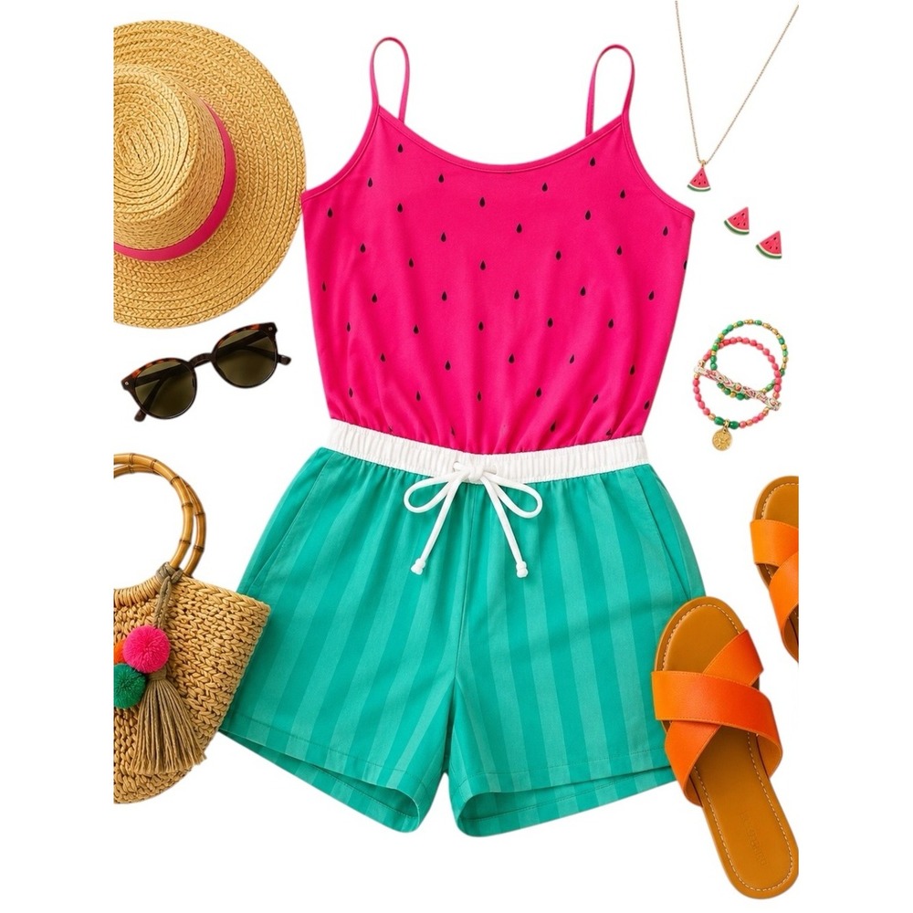 Tipsy Elves Watermelon Romper Size S Pink Green Striped Drawstring Shorts in EUC
